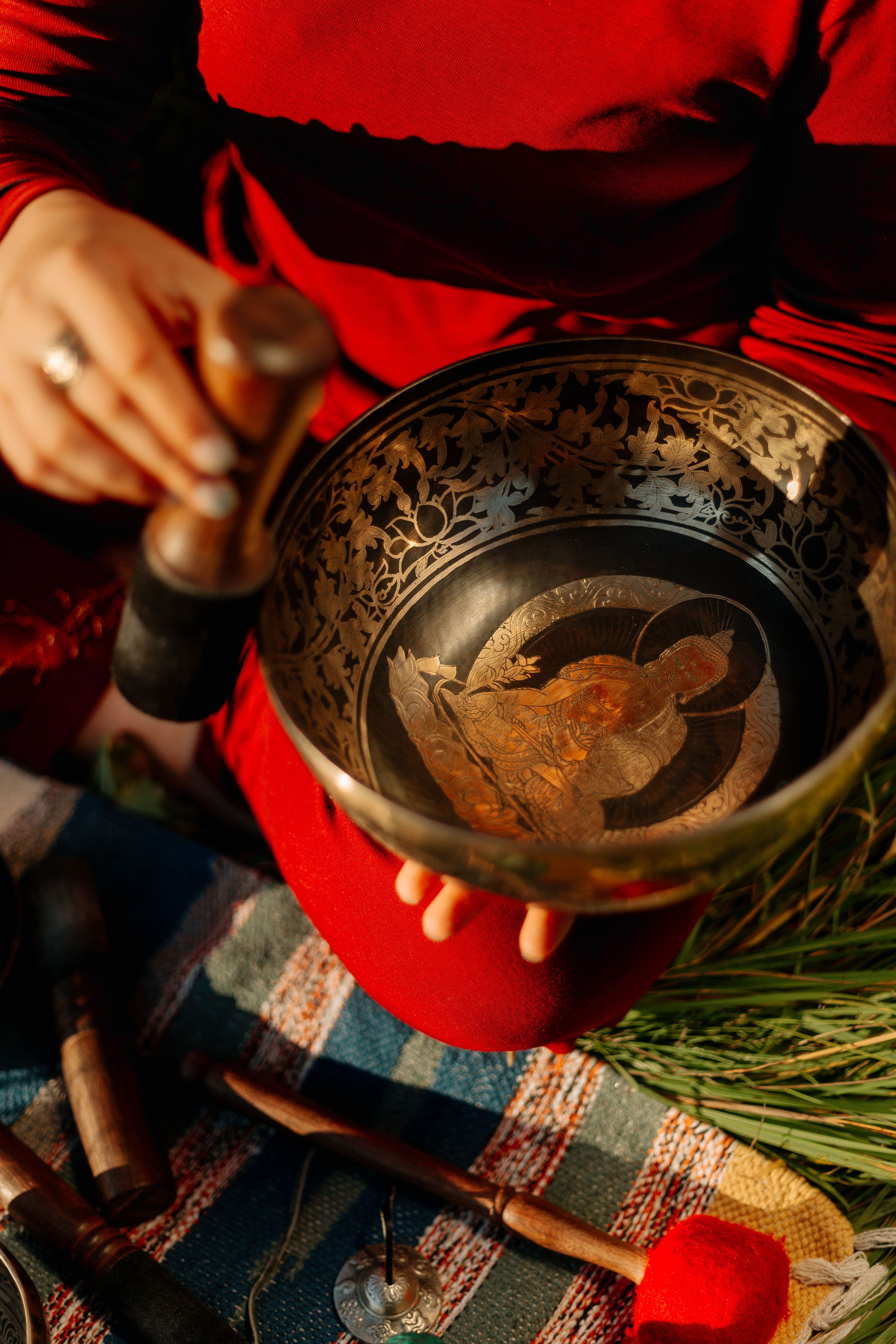 Tibetan singing bowl used for sound healing outdoors